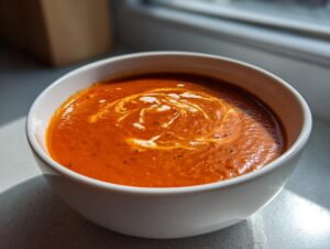 A close-up of a white bowl filled with rich, orange-red creamy tomato soup, topped with a swirl of cream.