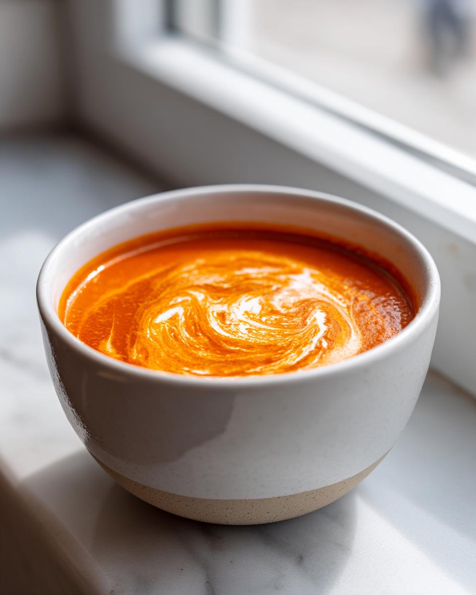 Close-up of a bowl of vibrant orange creamy tomato soup with a swirl of cream on top, set by a window.