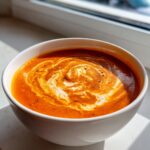 A close-up of a bowl of vibrant, rich creamy tomato soup, topped with a swirl of white cream and a sprinkle of pepper.