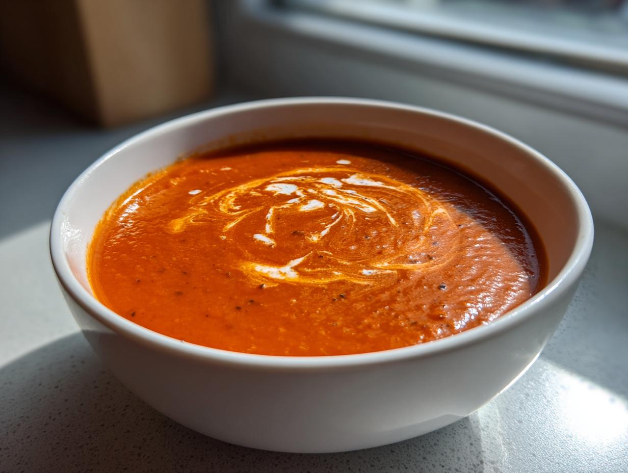 A close-up of a white bowl filled with rich, orange-red creamy tomato soup, topped with a swirl of cream.