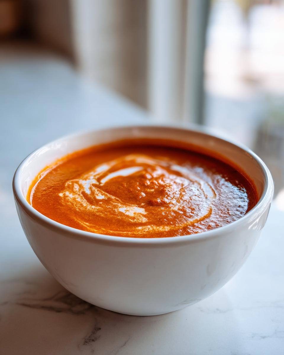 Close-up of a white bowl filled with rich, orange-red creamy tomato soup, topped with a swirl of white cream.