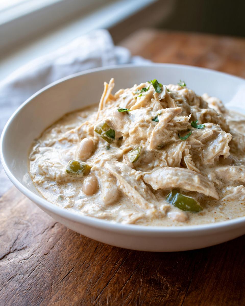 Close-up of a hearty bowl of creamy white chicken chili recipe, featuring shredded chicken, white beans, and green peppers.