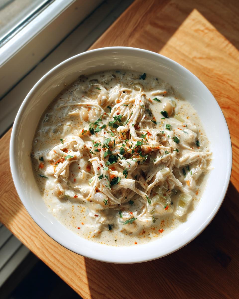 A close-up overhead shot of a white bowl filled with creamy white chicken chili recipe, topped with shredded chicken and fresh parsley.