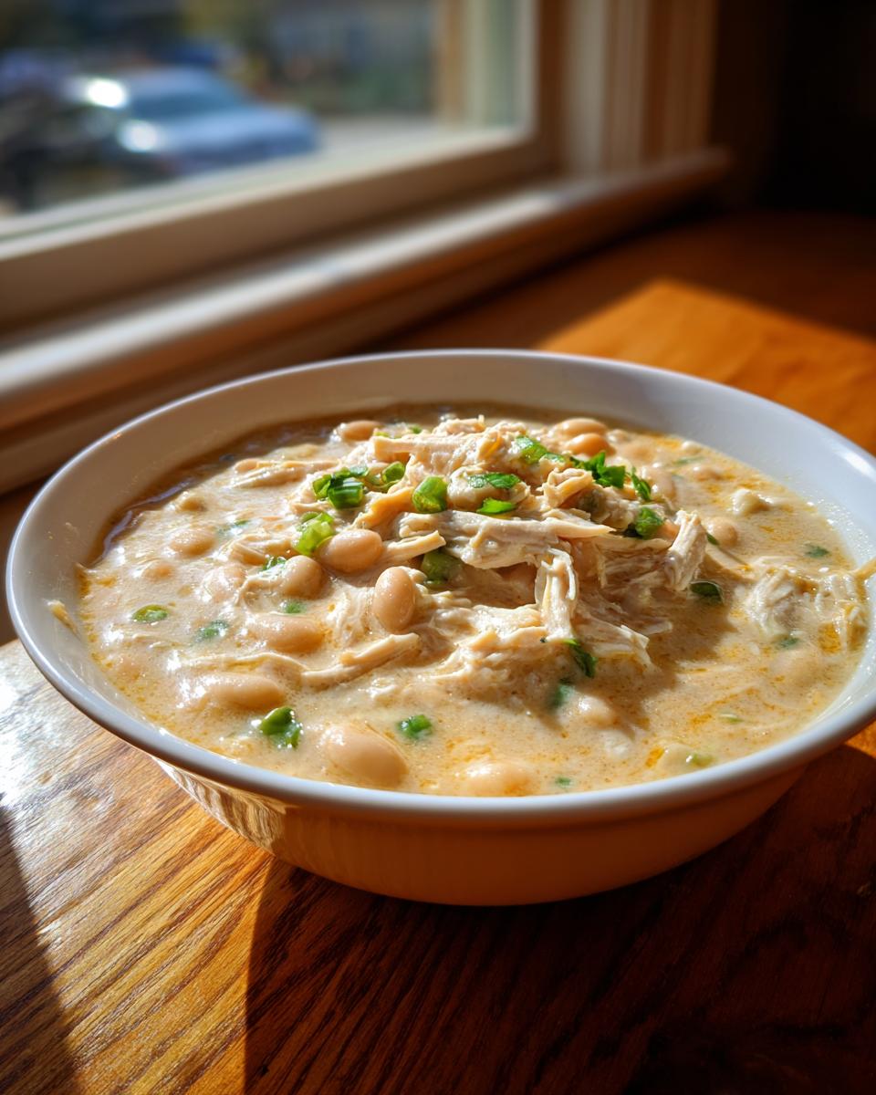 A creamy bowl of white chicken chili recipe topped with shredded chicken, white beans, and green onions.