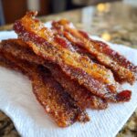 Close-up of perfectly cooked, crispy air fryer bacon strips seasoned with pepper, resting on a white paper towel.