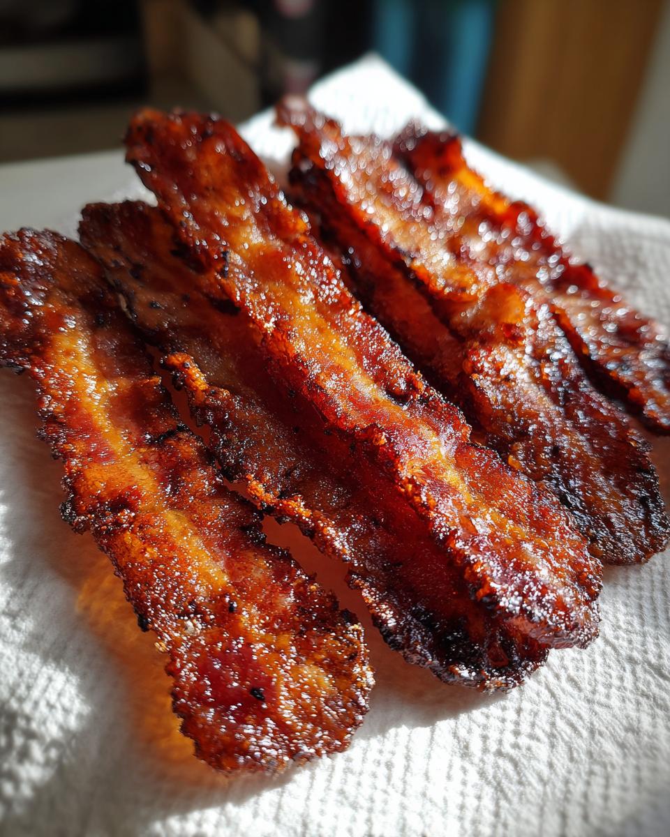 Close-up of four perfectly cooked, crispy strips of air fryer bacon resting on a white paper towel.