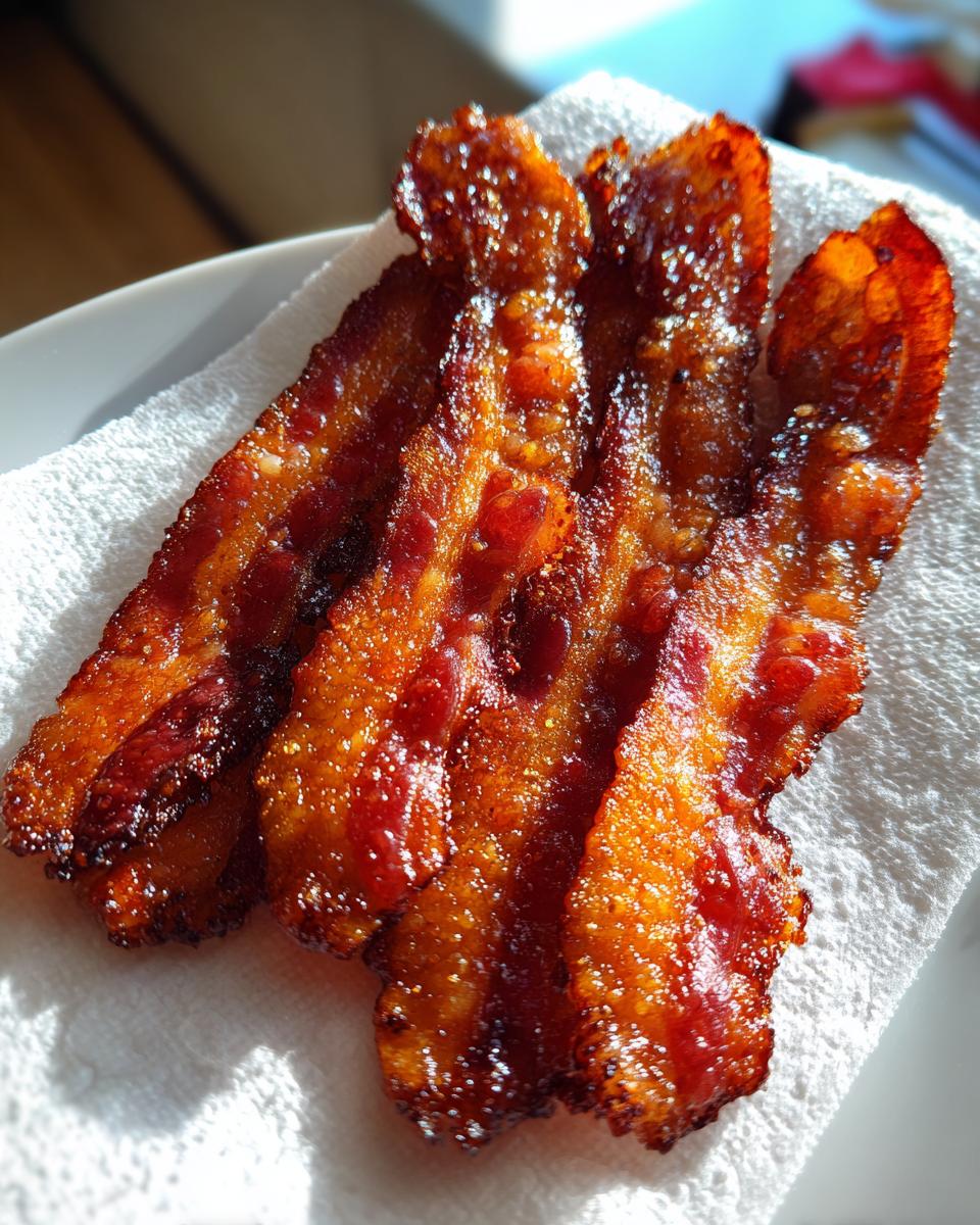 Four strips of perfectly cooked, crispy air fryer bacon resting on a white paper towel.