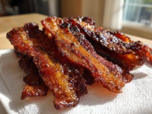 Close-up of several perfectly cooked, crispy strips of air fryer bacon resting on a white paper towel.