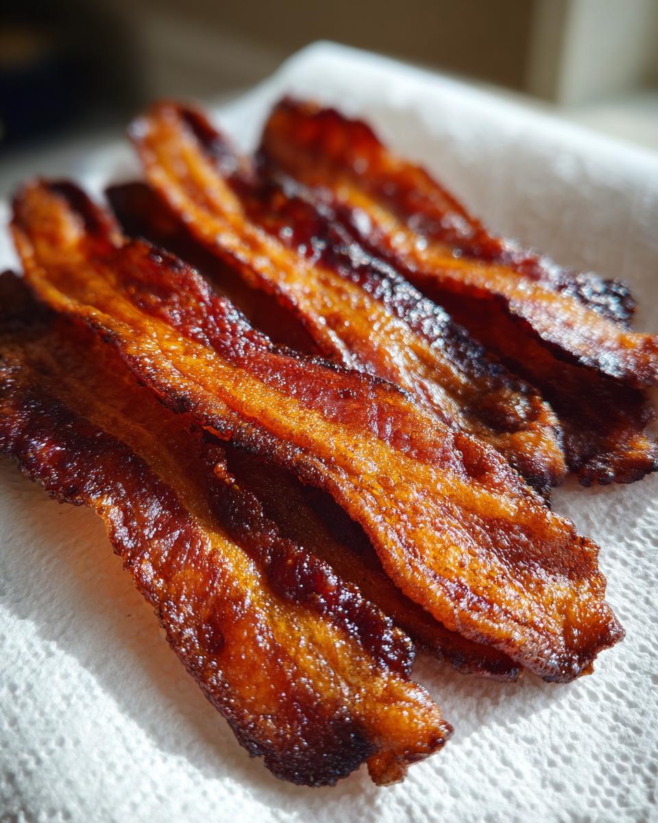 Close-up of several perfectly cooked, crispy strips of air fryer bacon resting on a white paper towel.
