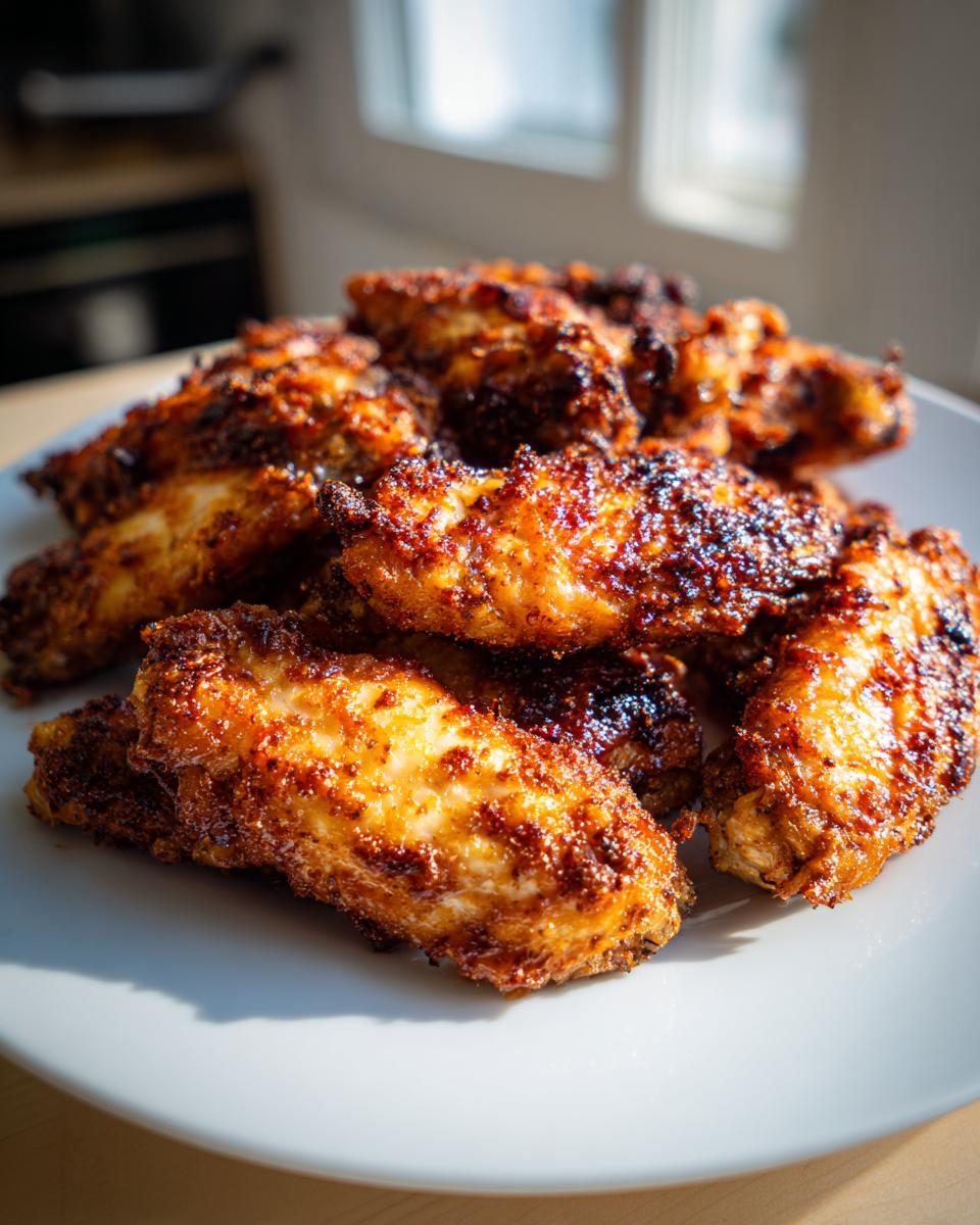 A pile of perfectly crispy, seasoned air fryer chicken wings stacked on a white plate in bright sunlight.