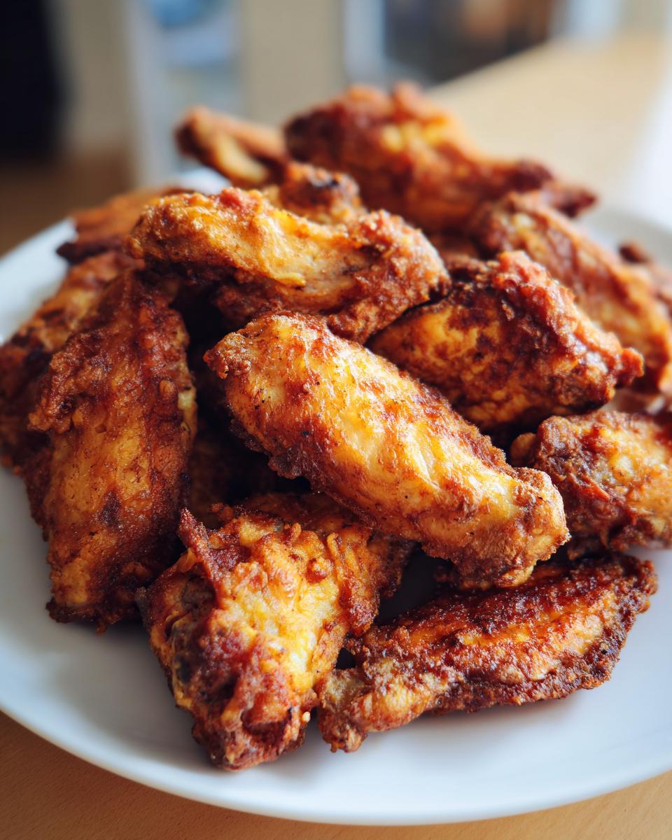 A close-up pile of perfectly crispy, golden-brown air fryer chicken wings served on a white plate.