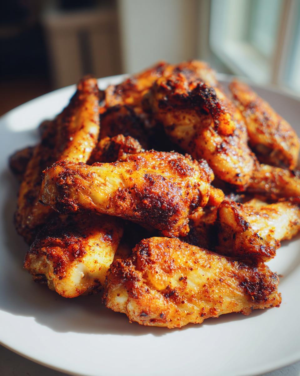 A close-up shot of a pile of perfectly seasoned and crispy air fryer chicken wings resting on a white plate.