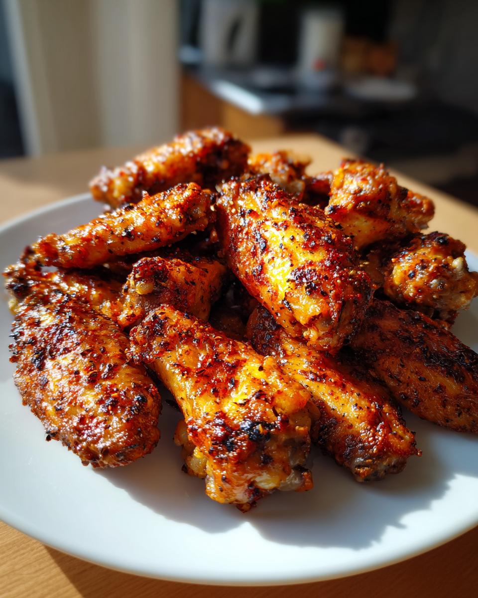 Close-up of a pile of perfectly crispy, seasoned air fryer chicken wings on a white plate.