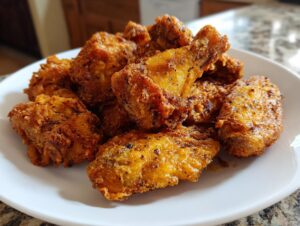 A pile of perfectly crispy, golden-brown air fryer chicken wings seasoned with pepper, served on a white plate.