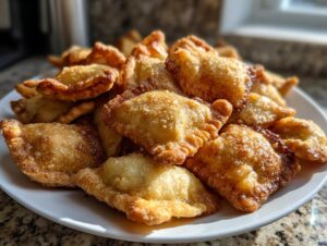 A pile of golden brown, crispy air fryer ravioli dusted lightly with seasoning, served on a white plate.
