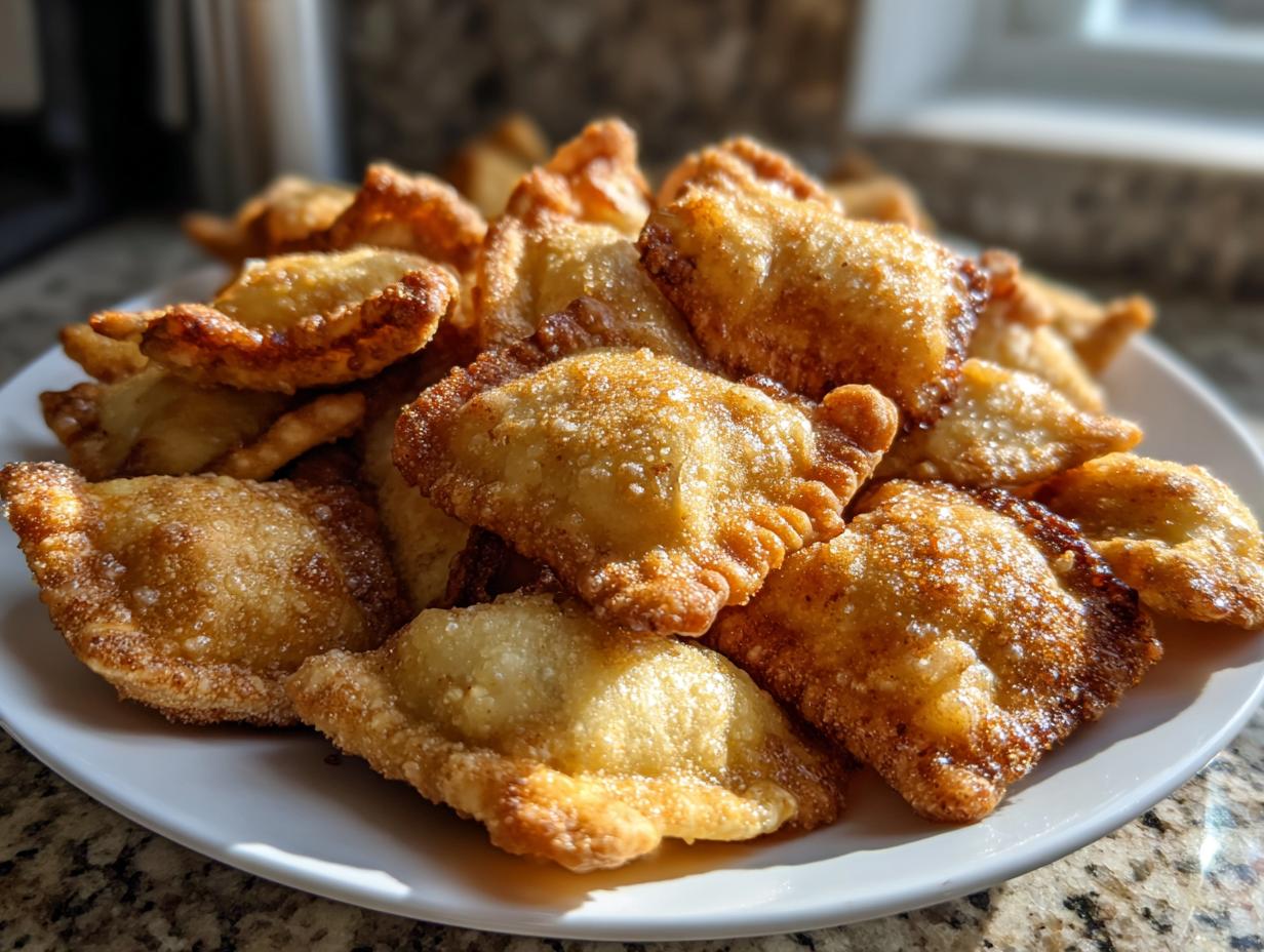 A pile of golden brown, crispy air fryer ravioli dusted lightly with seasoning, served on a white plate.