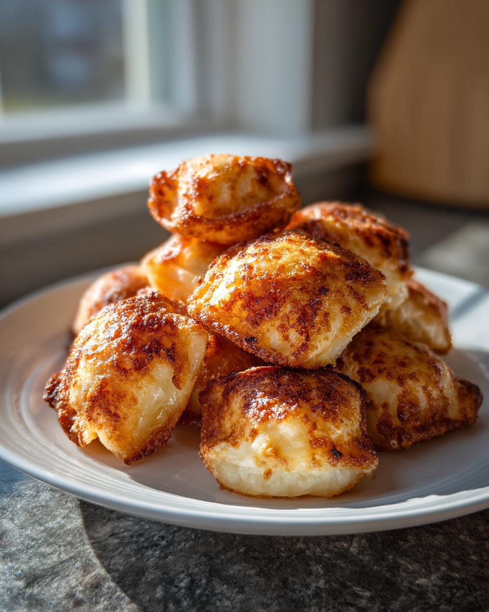 A stack of golden brown, crispy air fryer ravioli piled high on a white plate, beautifully lit by natural light.