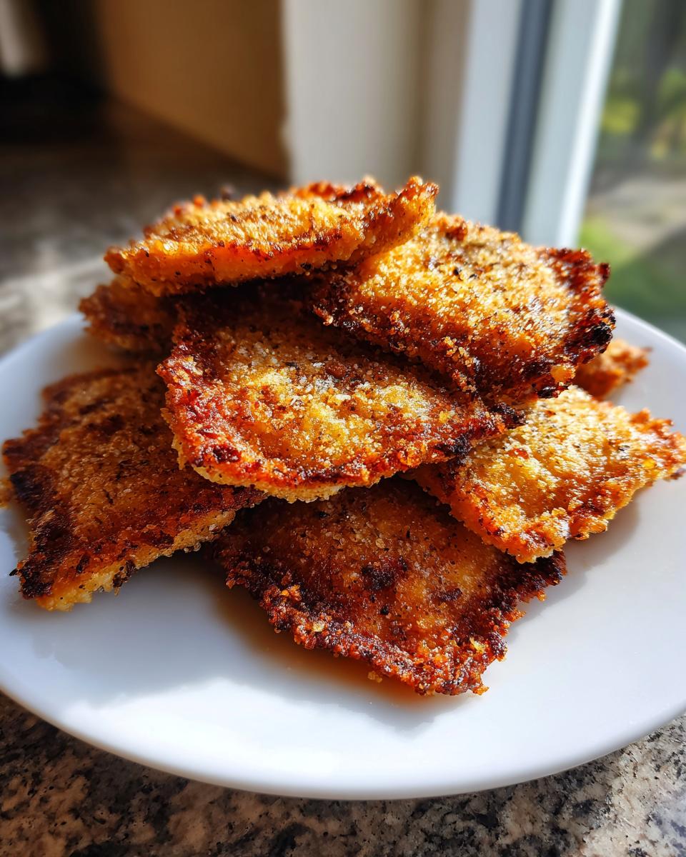 A stack of golden brown, crispy air fryer ravioli piled high on a white plate, ready to eat.