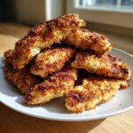 A close-up photo of a tall pile of golden brown, crispy baked chicken tenders on a white plate.
