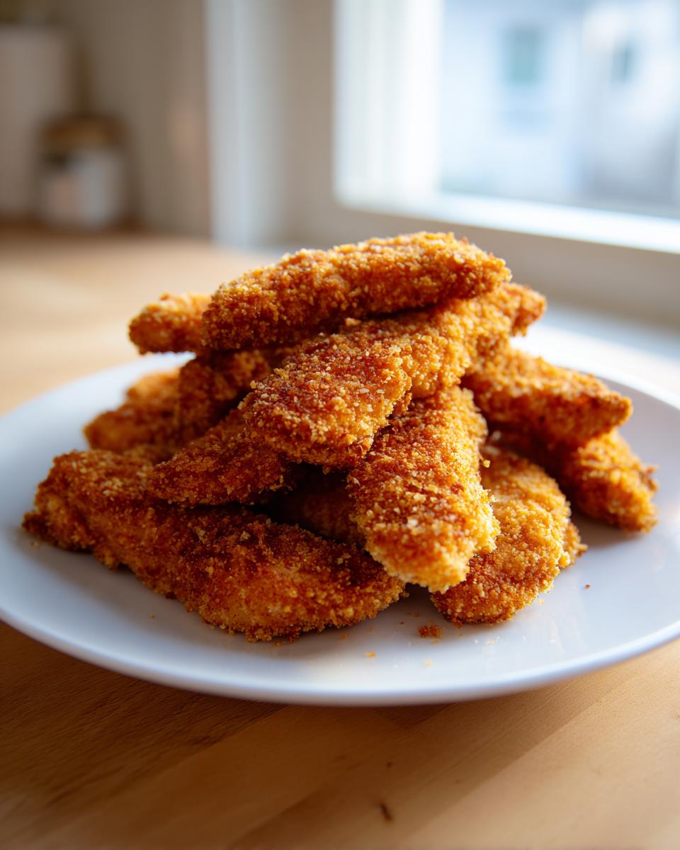 A close-up stack of golden brown, crispy baked chicken tenders piled high on a white plate.