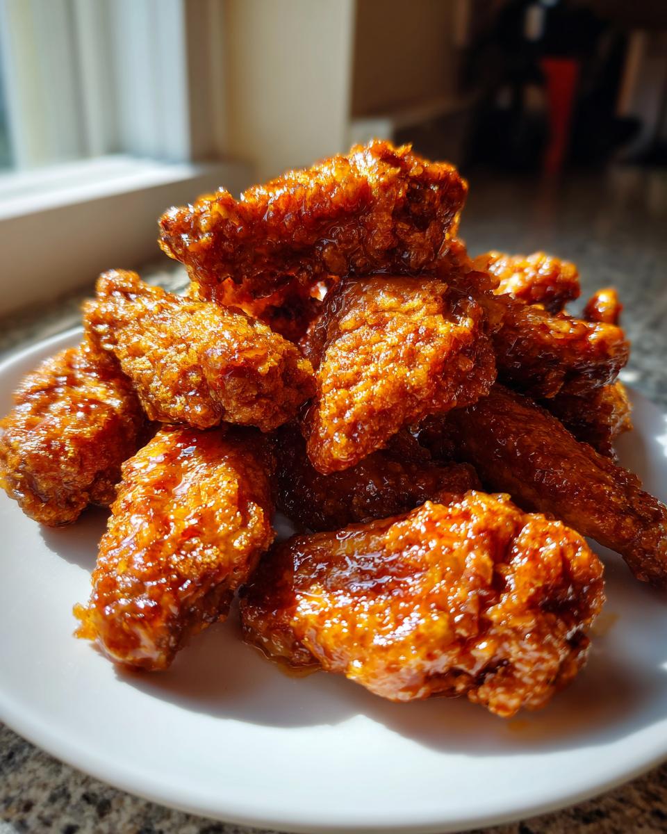 A close-up of a pile of glossy, glazed crispy baked chicken wings stacked on a white plate.