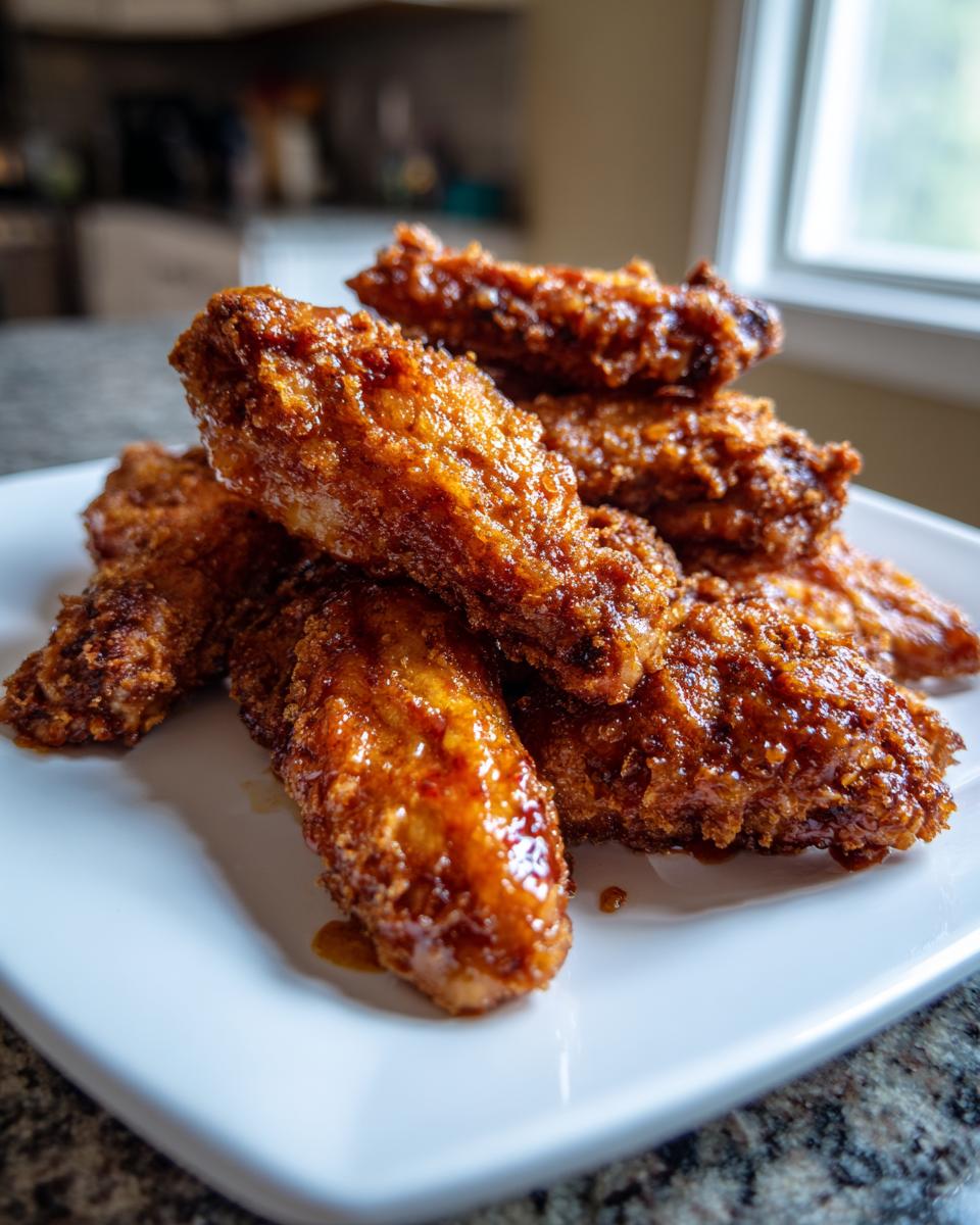 A stack of golden brown, glazed crispy baked chicken wings piled high on a white square plate.