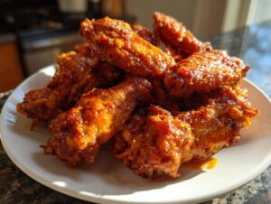 A close-up of several glossy, saucy, crispy baked chicken wings piled high on a white plate.