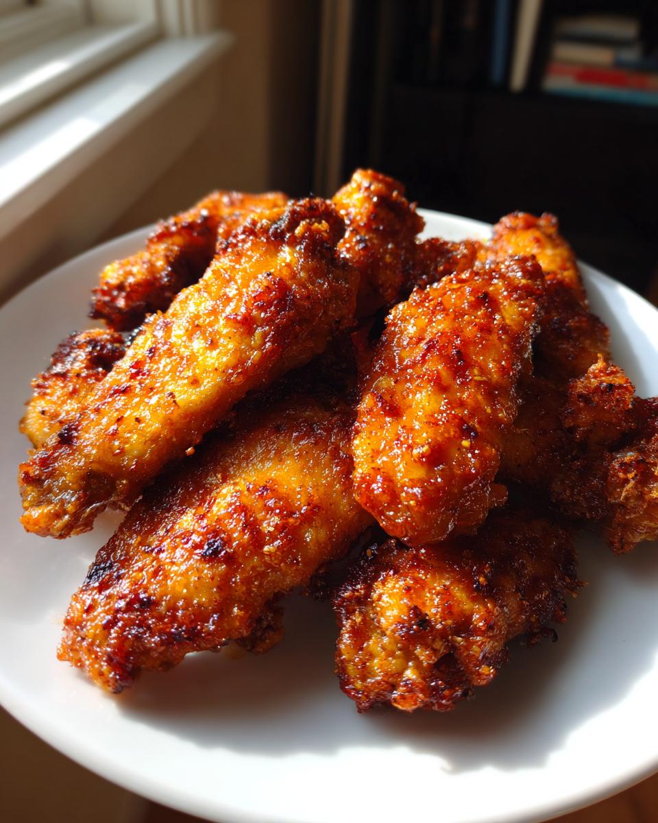 A close-up of perfectly golden and crispy baked chicken wings piled on a white plate, catching the sunlight.