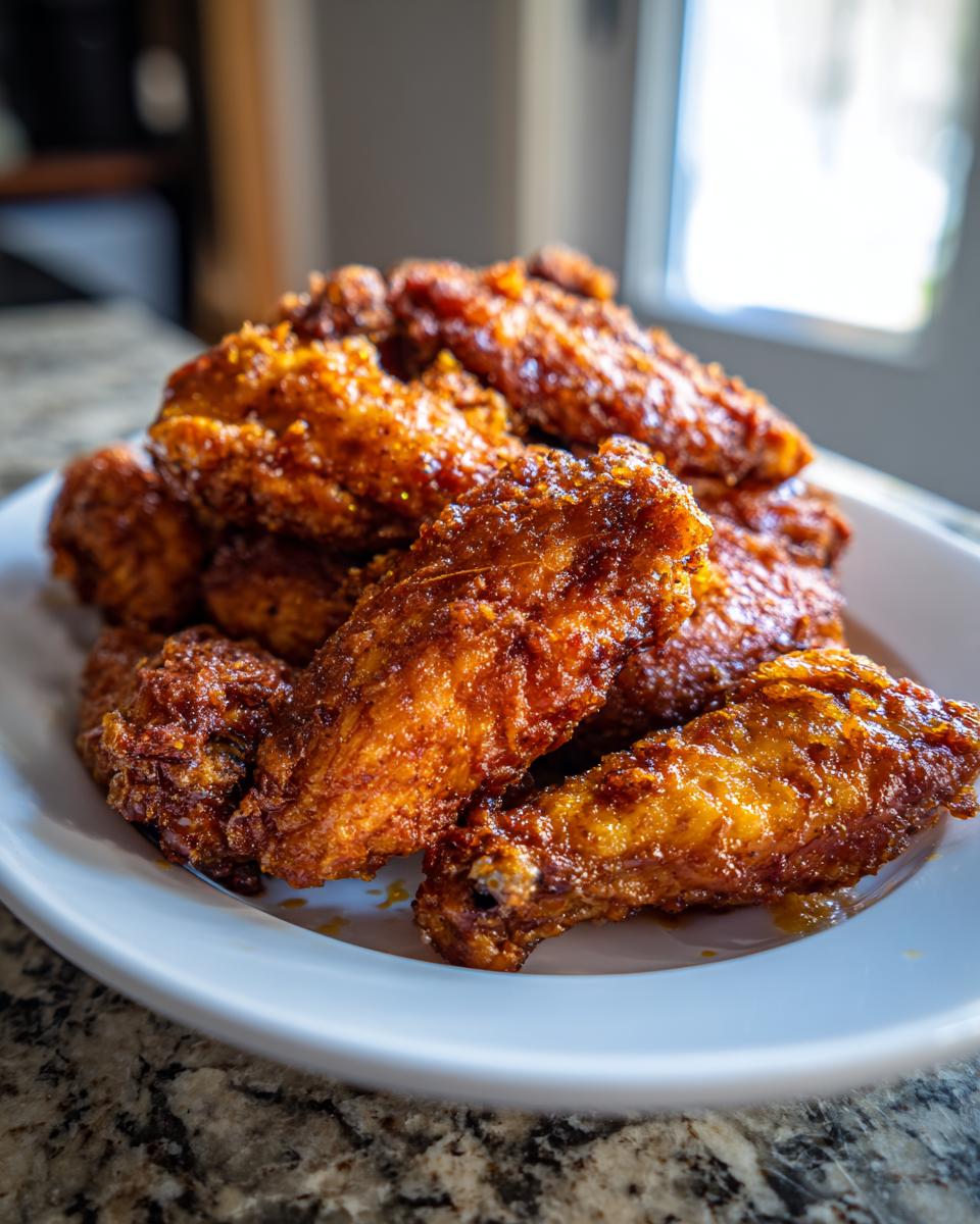 A close-up of a mound of golden brown, crispy baked chicken wings piled high on a white plate.
