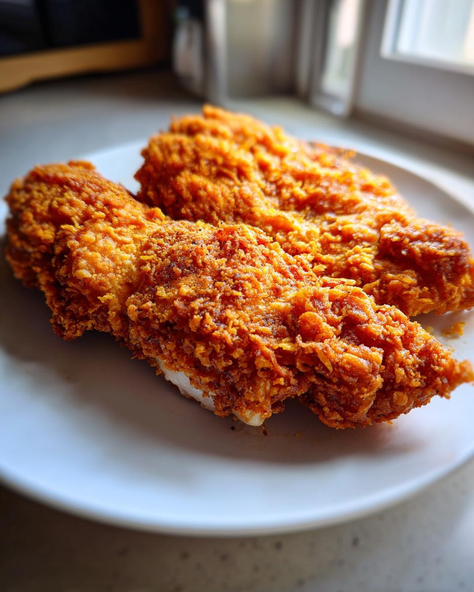 Two pieces of golden brown, extra crispy dill pickle chicken with parmesan twist resting on a white plate.