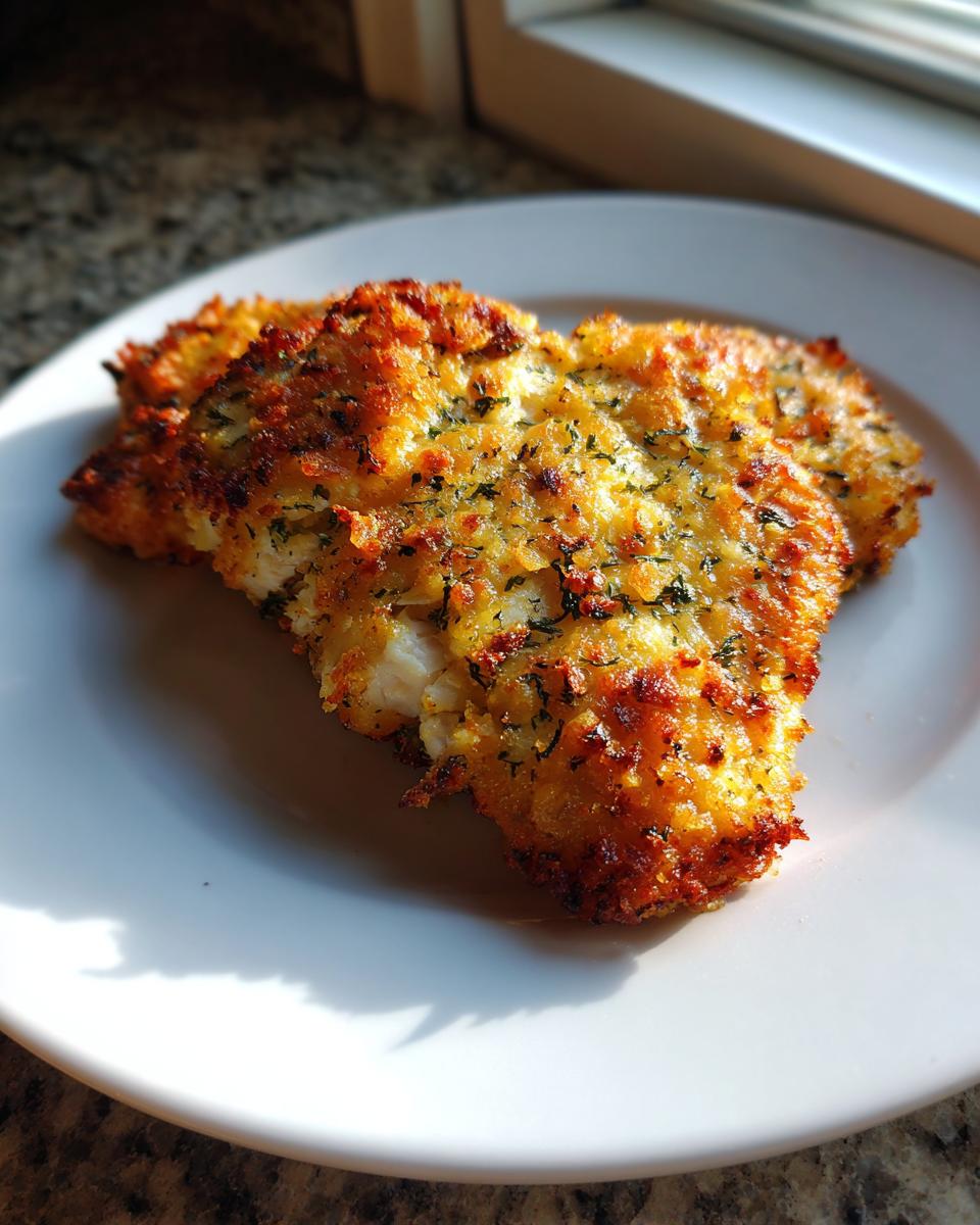 Two golden-brown pieces of crispy dill pickle chicken with parmesan twist served on a white plate.