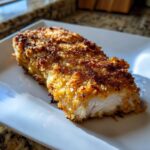 A close-up of crispy dill pickle chicken with parmesan twist, showing the golden-brown crust and white interior.