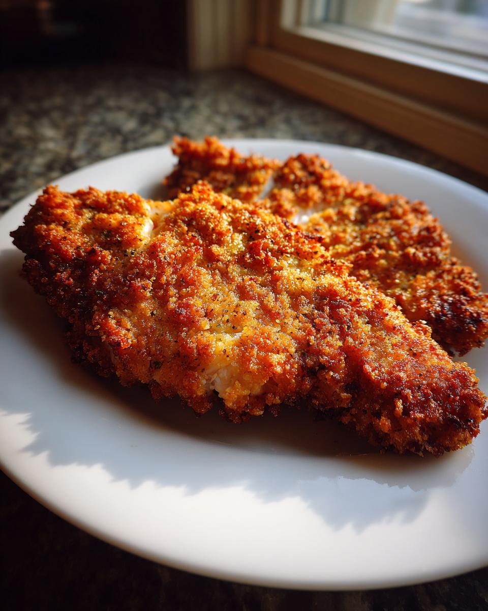 Two pieces of golden brown, crispy dill pickle chicken with parmesan twist served on a white plate.