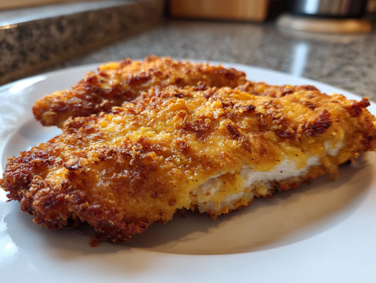 Two pieces of golden brown, crispy dill pickle chicken with parmesan twist served on a white plate.
