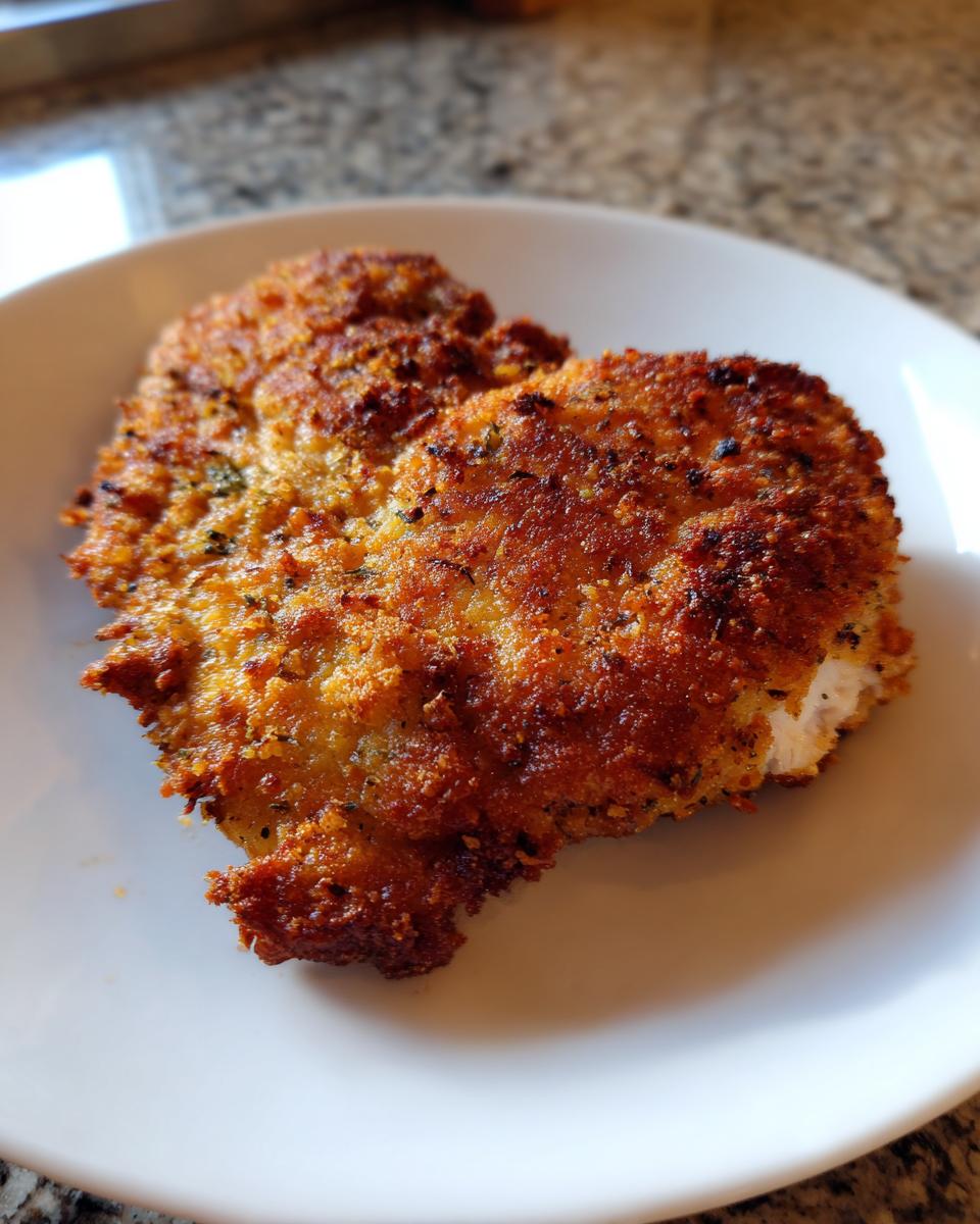 A close-up of a perfectly golden and crispy dill pickle chicken breast with parmesan twist served on a white plate.