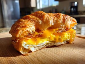 Close-up of a delicious croissant breakfast sandwiches featuring a fluffy egg and melted cheddar cheese.