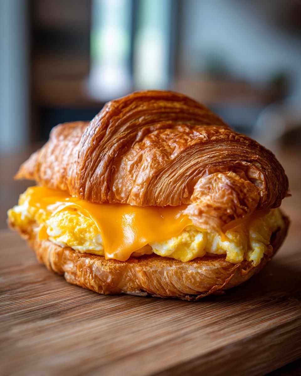 A close-up of a flaky croissant breakfast sandwiches filled with fluffy scrambled eggs and melted cheddar cheese.