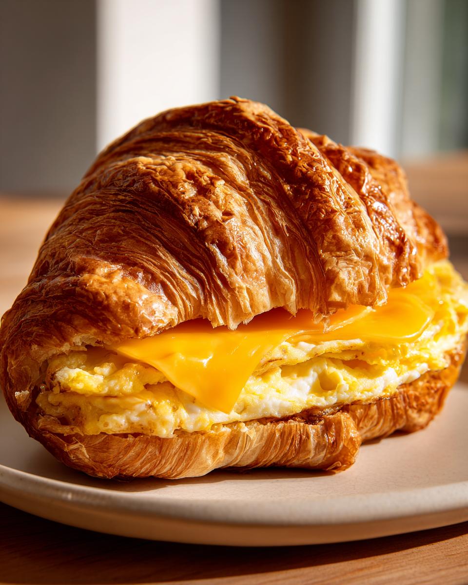 Close-up of a delicious croissant breakfast sandwiches filled with fluffy scrambled eggs and melted cheddar cheese.