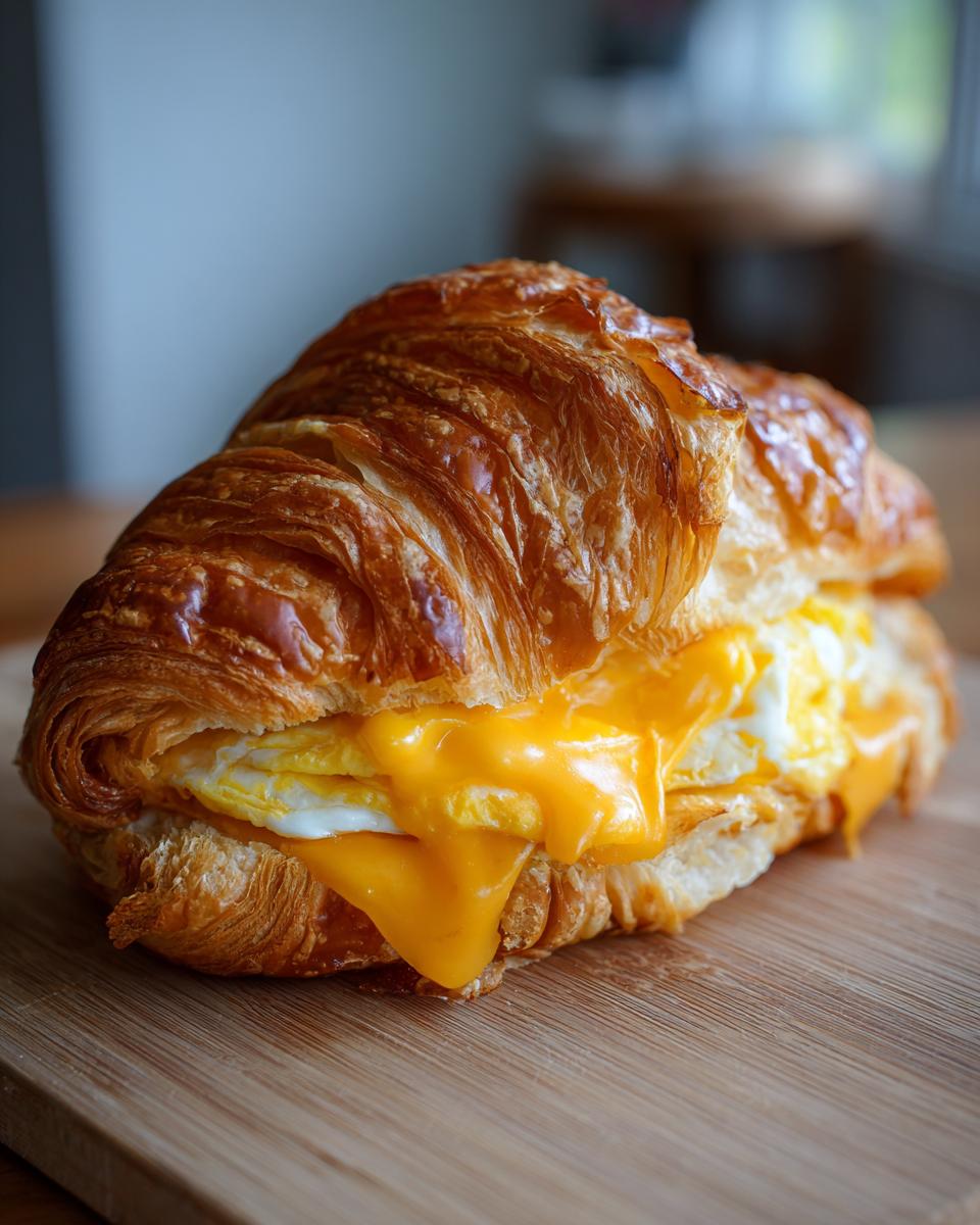 Close-up of a flaky croissant breakfast sandwich filled with scrambled egg and dripping melted cheddar cheese.