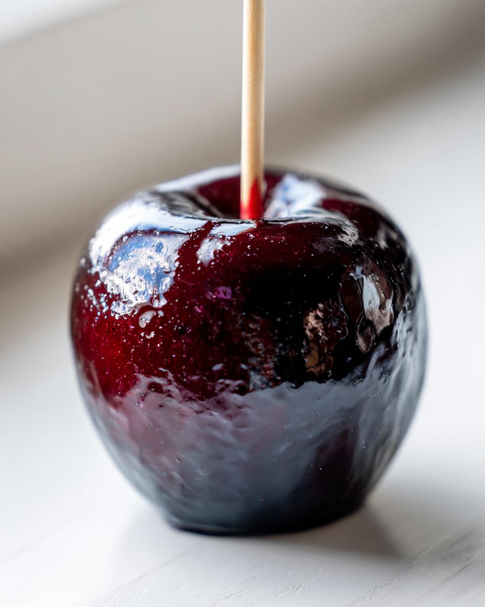 Close-up of a glossy, deep purple dark jolly rancher candy apple with a wooden stick inserted.