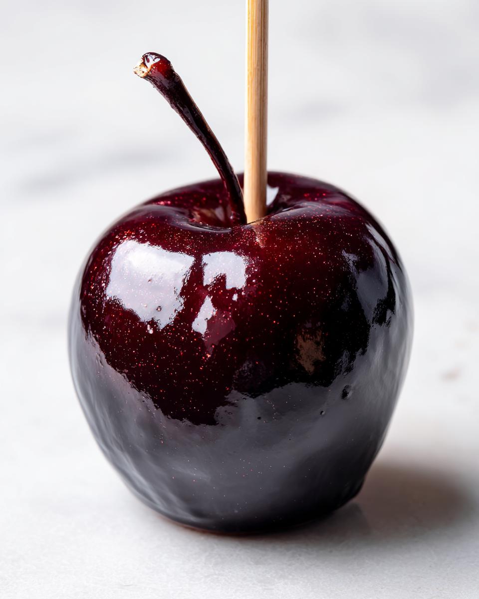 Close-up of a single, glossy dark Jolly Rancher candy apple coated in deep burgundy candy on a wooden stick.