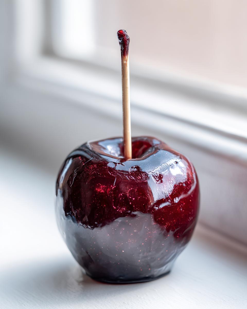 A single, glossy dark red candy apple coated in shimmering candy, ready to eat, representing dark jolly rancher candy apples.