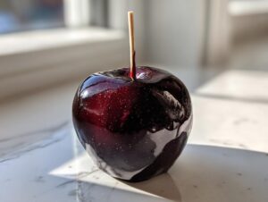 A single, stunning dark Jolly Rancher candy apple with a glossy, deep purple-red coating sitting on a white marble surface.