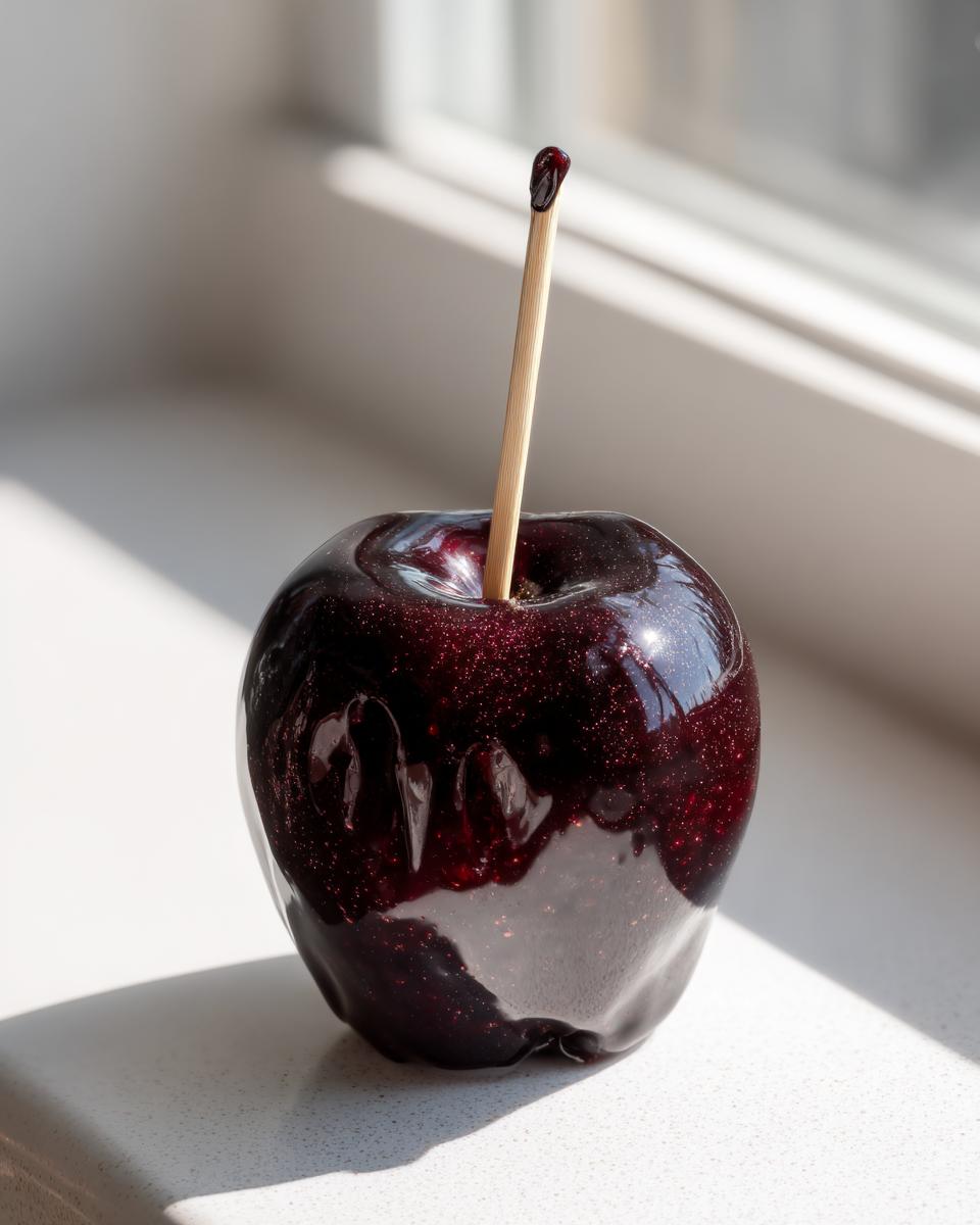 A single, glossy dark Jolly Rancher candy apple sitting on a white surface near a window, showing a wooden stick inserted.