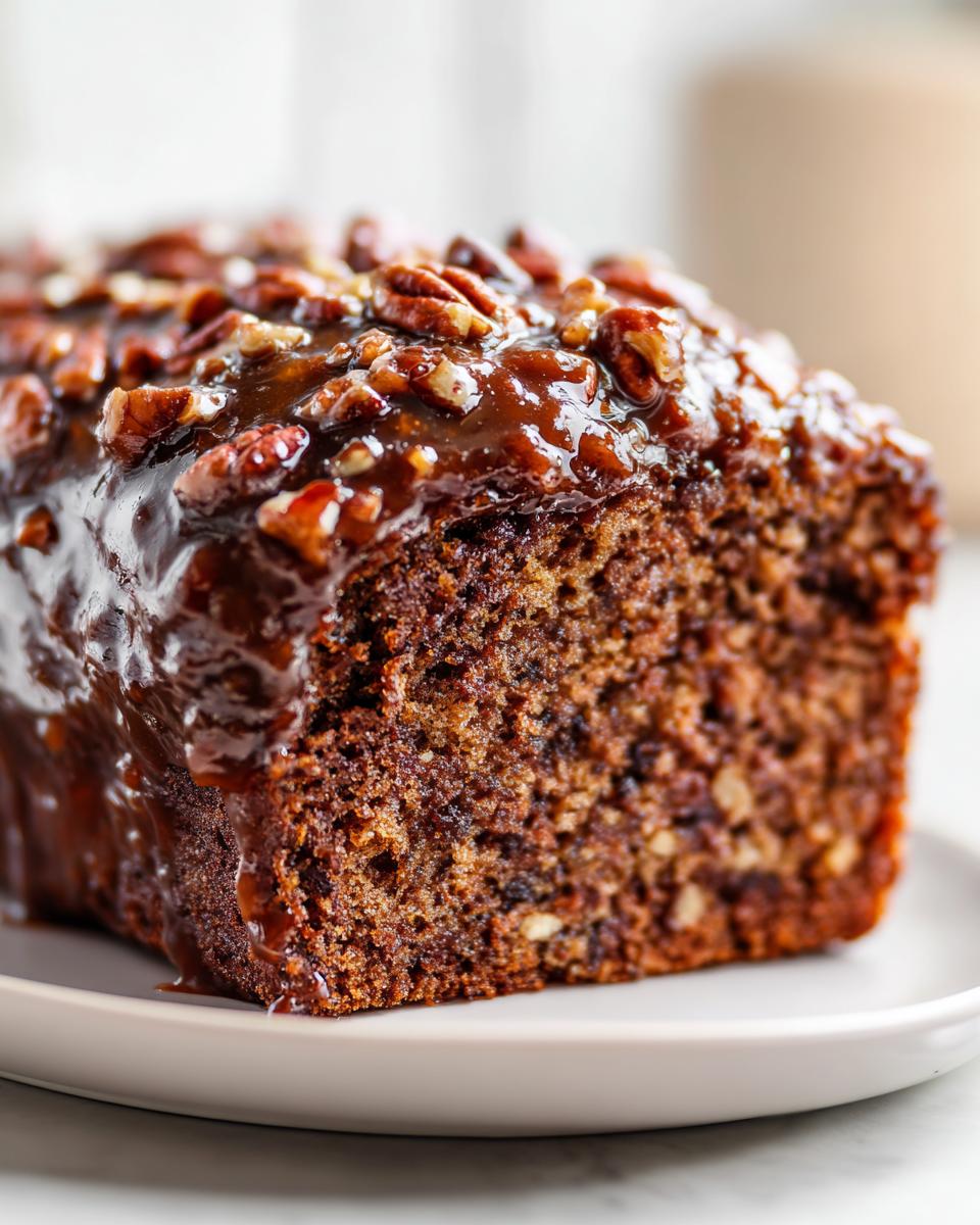 Close-up of a slice of rich, moist Dr Pepper cake topped with a thick, glossy pecan glaze.