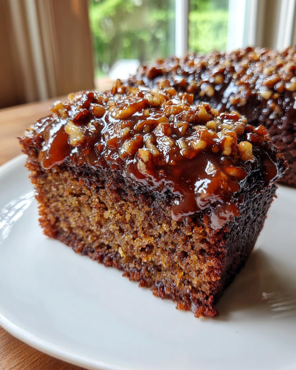 A moist slice of Dr Pepper cake topped with a glossy, dark caramel glaze and chopped pecans.