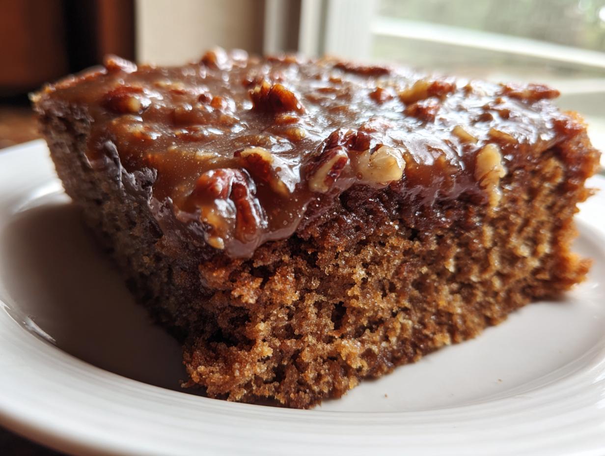 Close-up of a moist, dark slice of Dr Pepper Cake topped with a thick, glossy pecan glaze.