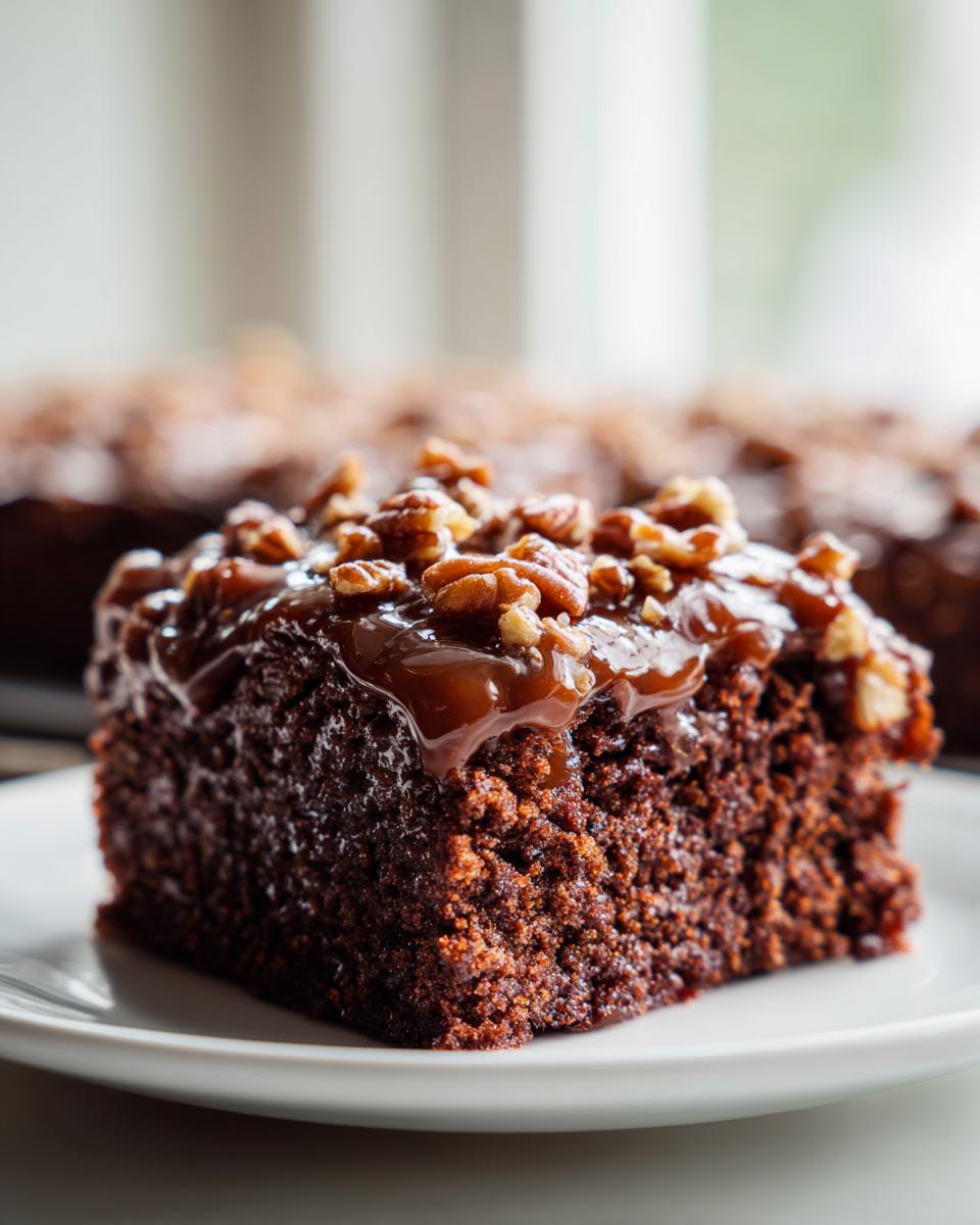 Close-up of a moist slice of Dr Pepper cake topped with gooey caramel glaze and chopped pecans.