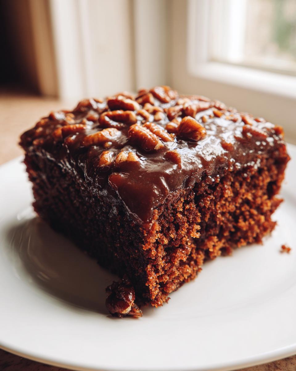 A close-up of a rich, dark slice of Dr Pepper cake topped with a glossy caramel glaze and whole pecans.