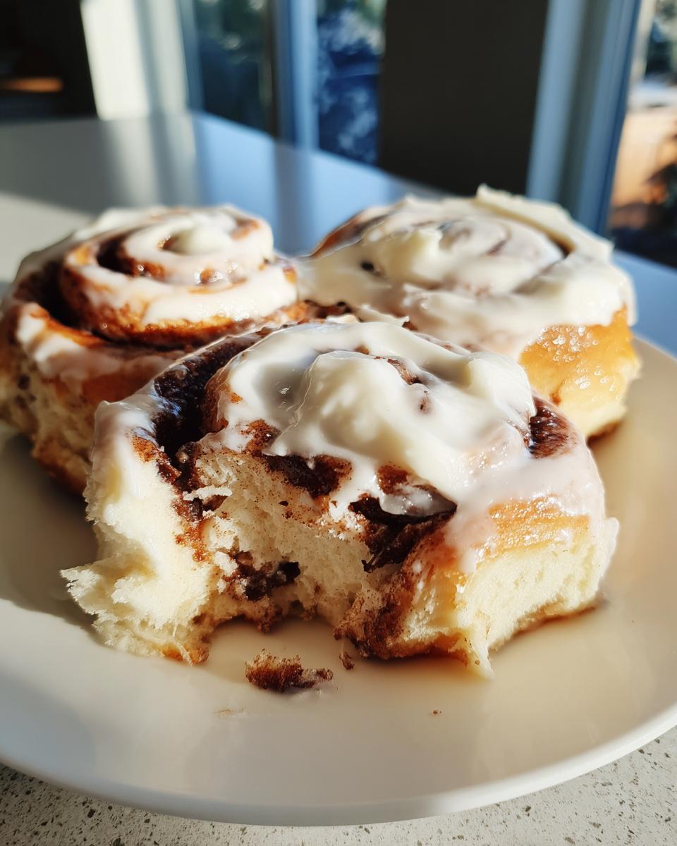 Three soft, frosted easy homemade cinnamon rolls on a white plate, one with a bite taken out.